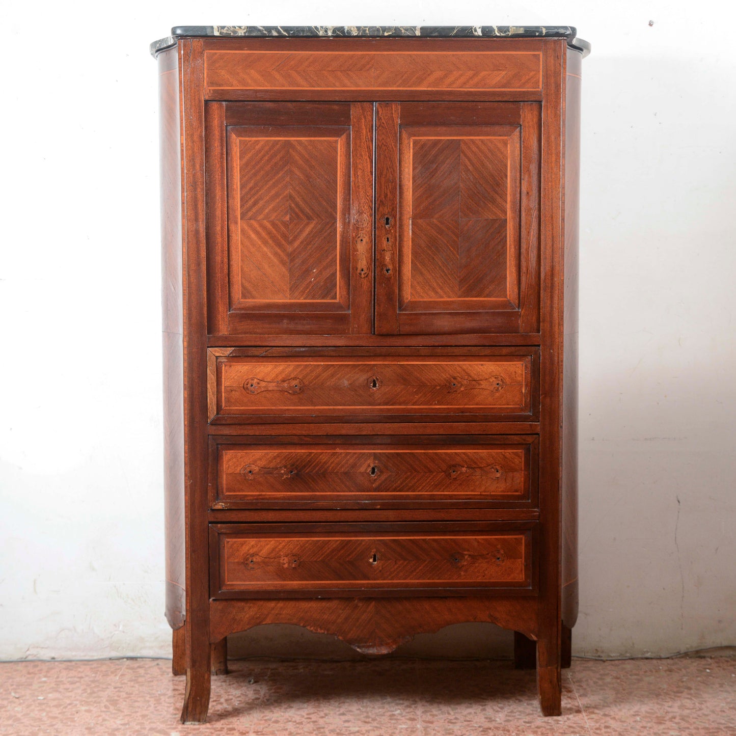 Secretaire intarsiato  con piano in marmo Italia epoca 1890