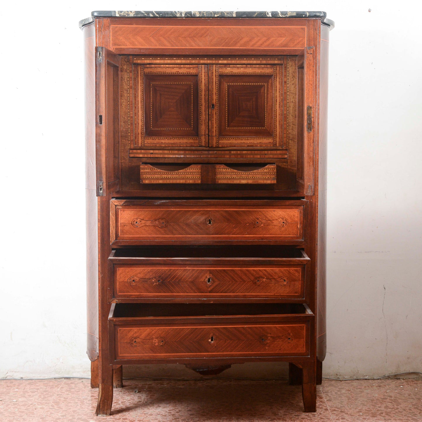 Secretaire intarsiato  con piano in marmo Italia epoca 1890
