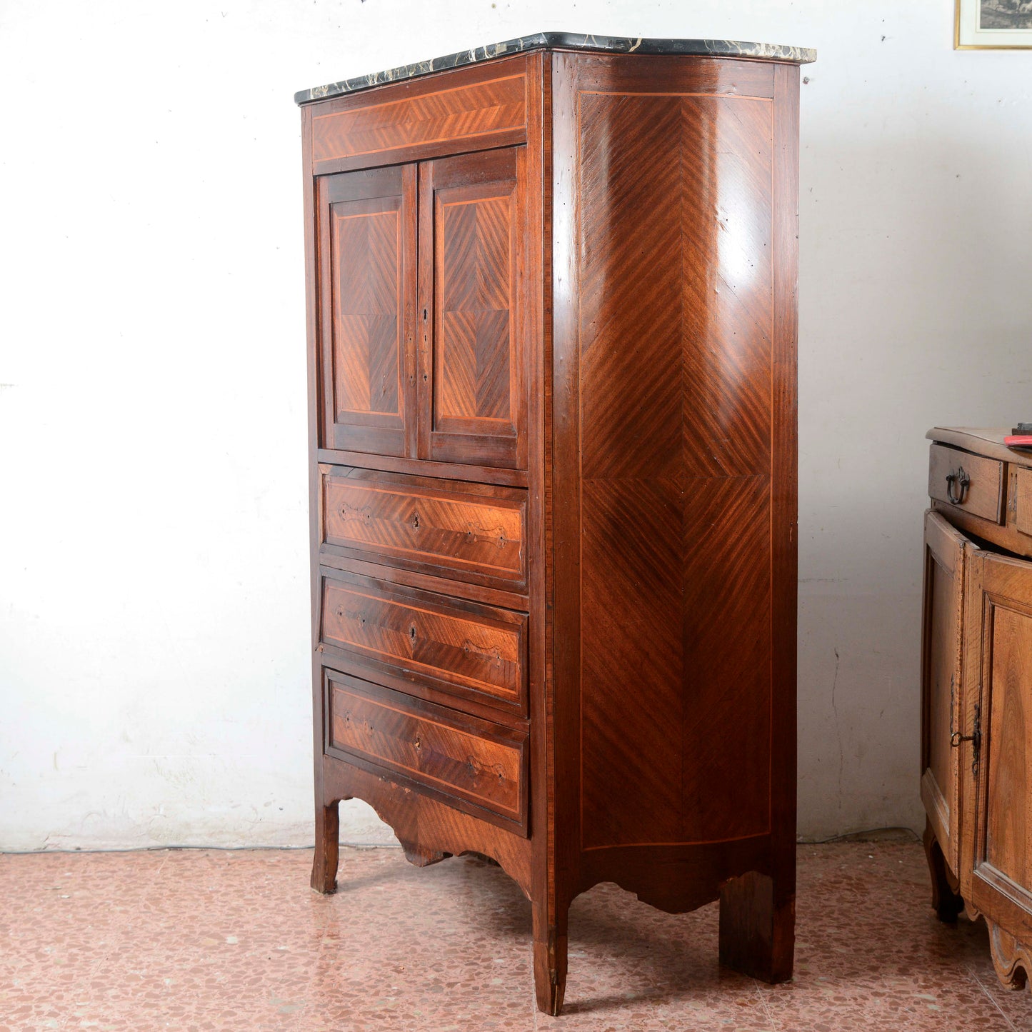 Secretaire intarsiato  con piano in marmo Italia epoca 1890