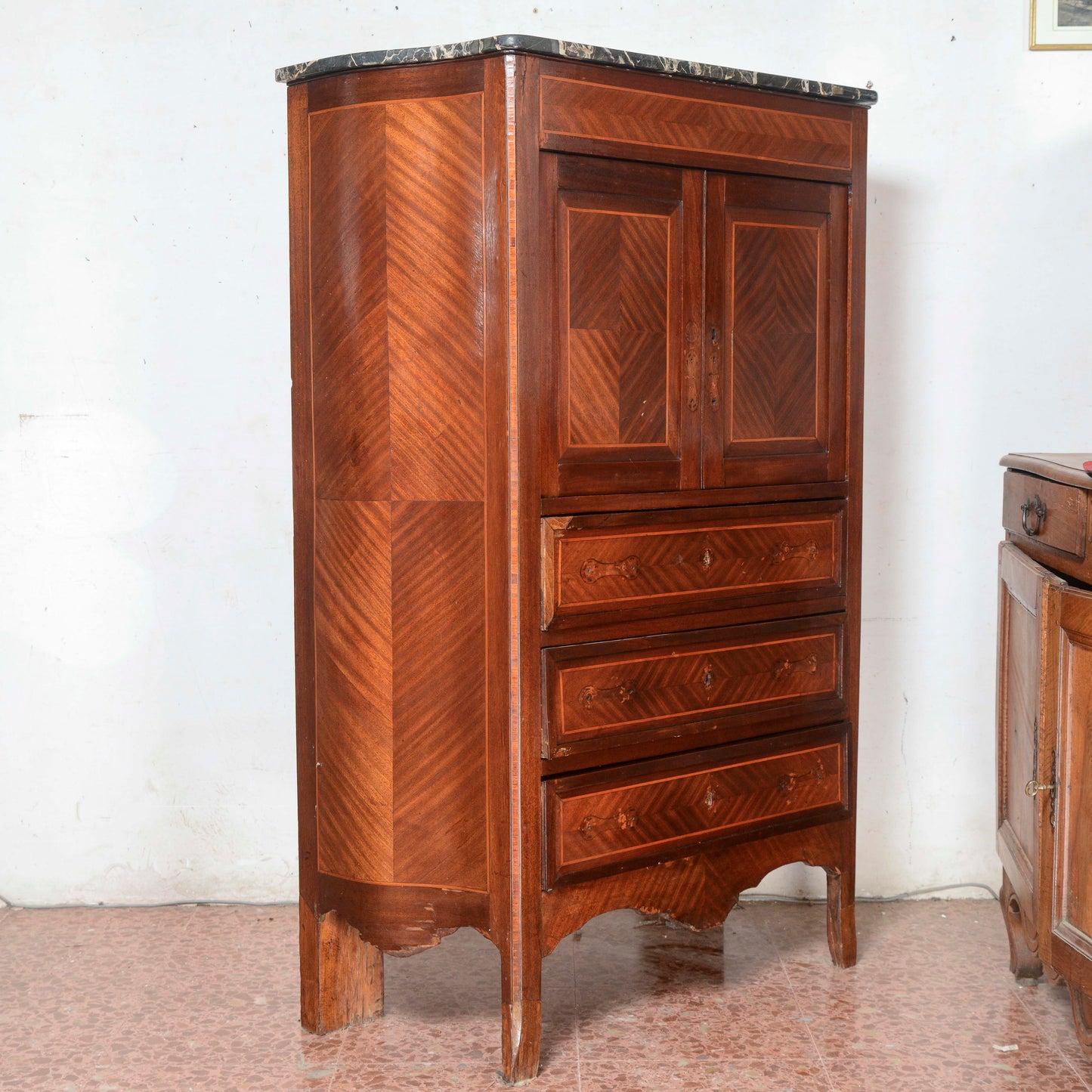 Secretaire intarsiato  con piano in marmo Italia epoca 1890