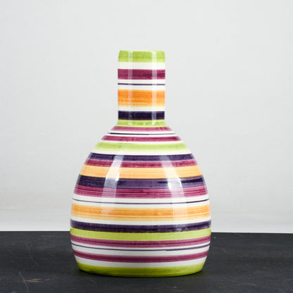 Vaso bottiglia in ceramica multicolore a righe con cerchi concentrici anni 1990
