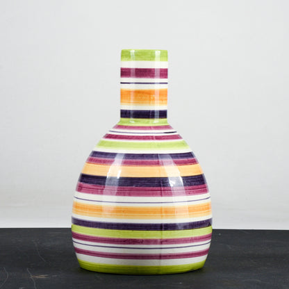 Vaso bottiglia in ceramica multicolore a righe con cerchi concentrici anni 1990