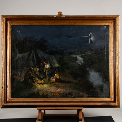 Quadro olio su tela gruppo di zingari gitani attorno al fuoco scena notturna primo 900