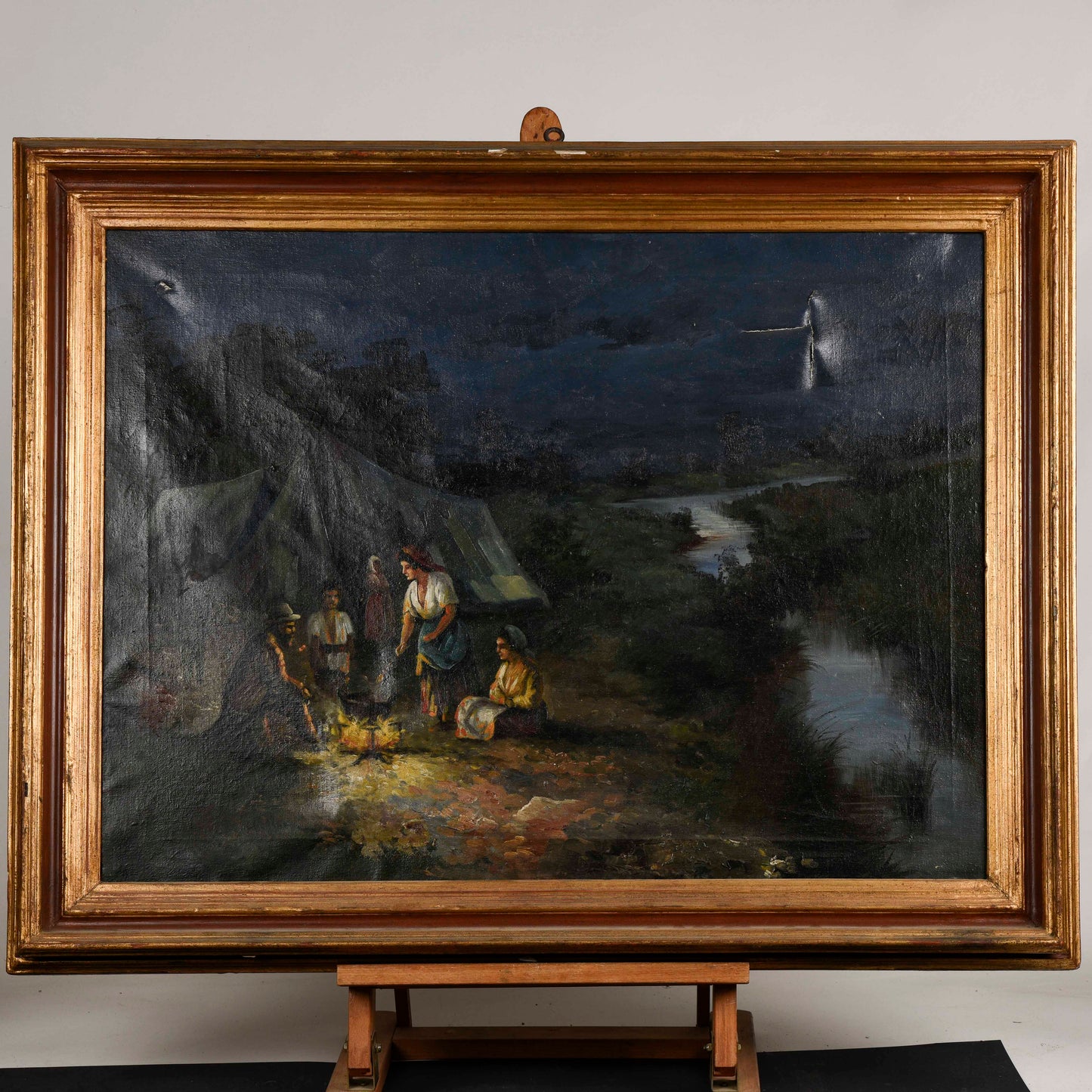 Quadro olio su tela gruppo di zingari gitani attorno al fuoco scena notturna primo 900