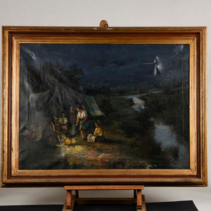 Quadro olio su tela gruppo di zingari gitani attorno al fuoco scena notturna primo 900