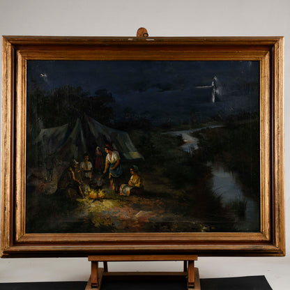 Quadro olio su tela gruppo di zingari gitani attorno al fuoco scena notturna primo 900