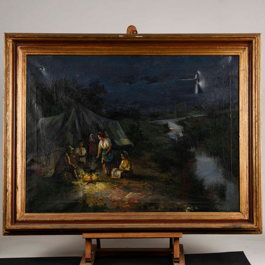 Quadro olio su tela gruppo di zingari gitani attorno al fuoco scena notturna primo 900
