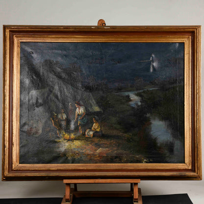 Quadro olio su tela gruppo di zingari gitani attorno al fuoco scena notturna primo 900