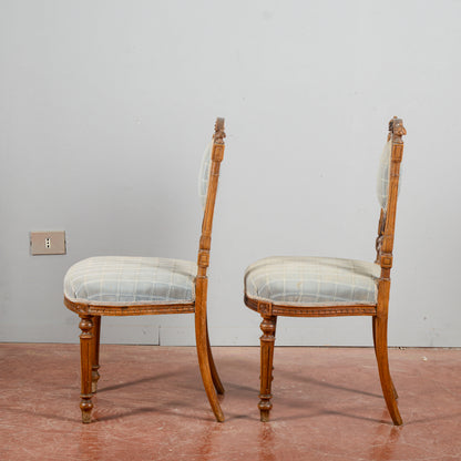 Coppia Sedie 800 Antiche In Noce Con Stoffa Azzurre