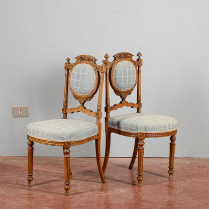 Coppia Sedie 800 Antiche In Noce Con Stoffa Azzurre