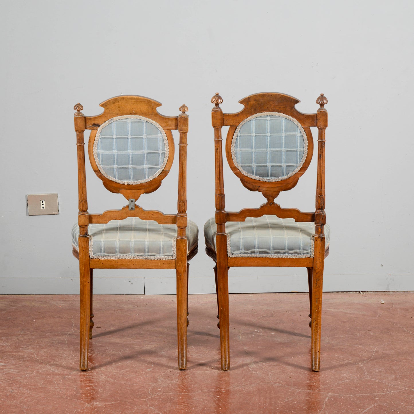 Coppia Sedie 800 Antiche In Noce Con Stoffa Azzurre