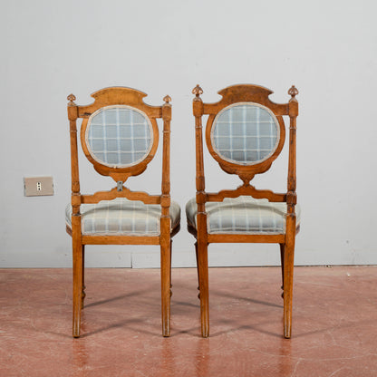 Coppia Sedie 800 Antiche In Noce Con Stoffa Azzurre