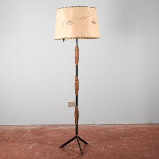 Lampada piantana da terra art deco stile Stilnovo paralume in carta pergamena con imbarcazioni dipinte