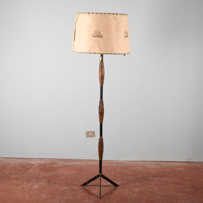 Lampada piantana da terra art deco stile Stilnovo paralume in carta pergamena con imbarcazioni dipinte