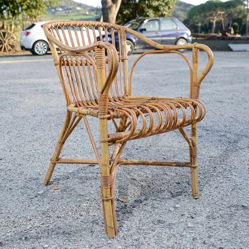 Sedia  poltroncina in bamboo con braccioli  Italia 1970