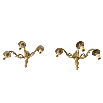 COPPIA DI APPLIQUES IN OTTONE PIENO A 3 LUCI ITALIA 1950