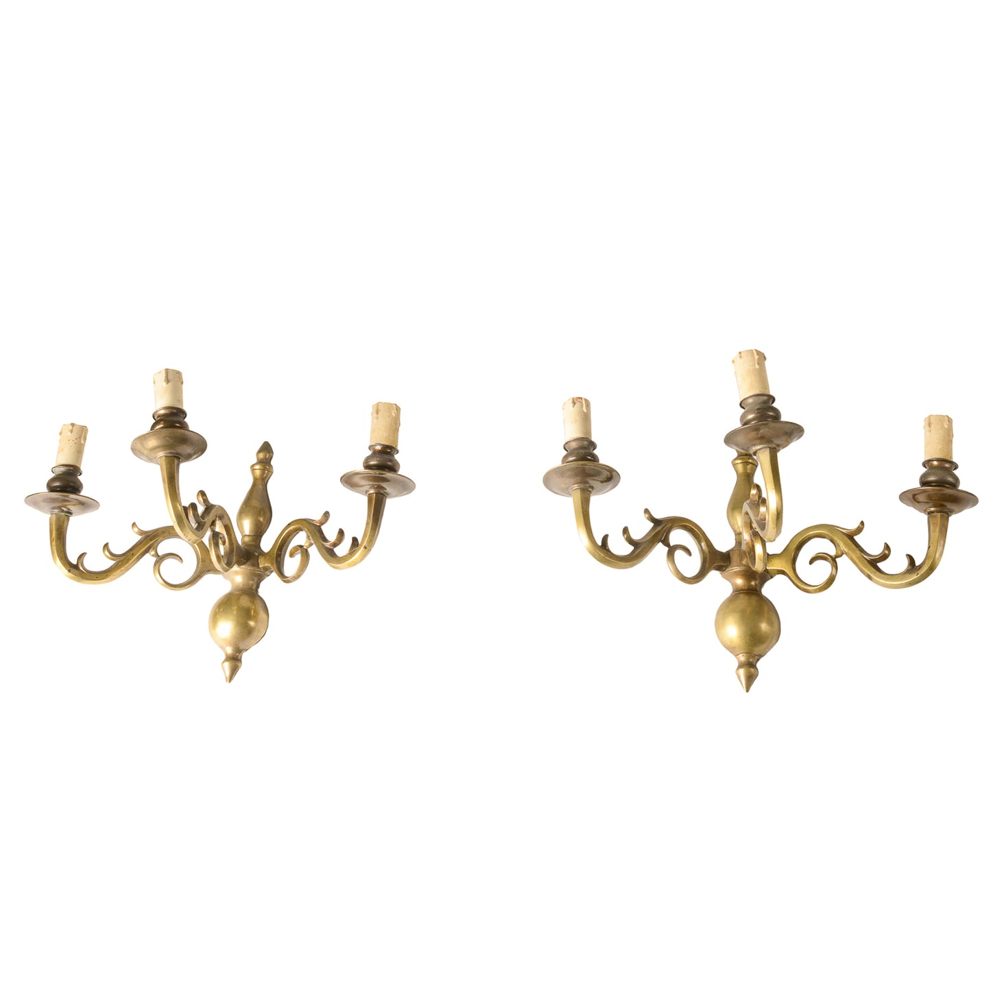 COPPIA DI APPLIQUES IN OTTONE PIENO A 3 LUCI ITALIA 1950
