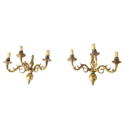 COPPIA DI APPLIQUES IN OTTONE PIENO A 3 LUCI ITALIA 1950