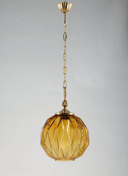 Lampadario marcato Targetti Stankey in vetro ambrato sfaccettato Italia 1980
