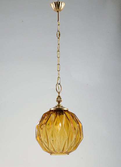 Lampadario marcato Targetti Stankey in vetro ambrato sfaccettato Italia 1980
