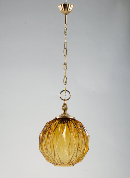 Lampadario marcato Targetti Stankey in vetro ambrato sfaccettato Italia 1980