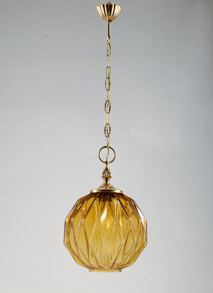 Lampadario marcato Targetti Stankey in vetro ambrato sfaccettato Italia 1980