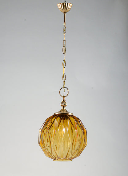 Lampadario marcato Targetti Stankey in vetro ambrato sfaccettato Italia 1980