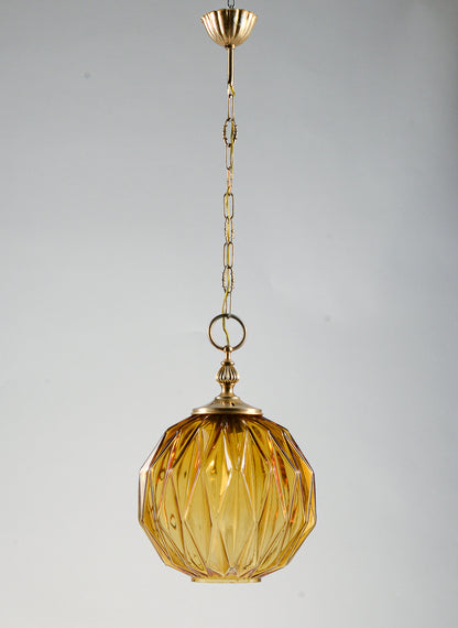 Lampadario marcato Targetti Stankey in vetro ambrato sfaccettato Italia 1980