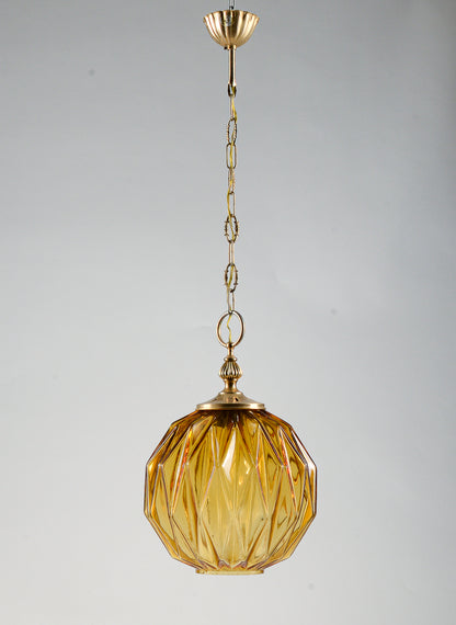 Lampadario marcato Targetti Stankey in vetro ambrato sfaccettato Italia 1980