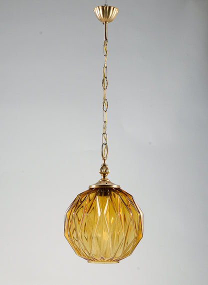 Lampadario marcato Targetti Stankey in vetro ambrato sfaccettato Italia 1980