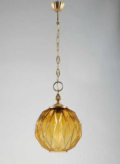 Lampadario marcato Targetti Stankey in vetro ambrato sfaccettato Italia 1980