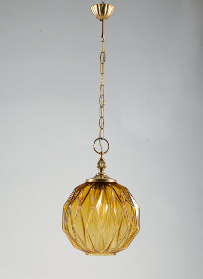 Lampadario marcato Targetti Stankey in vetro ambrato sfaccettato Italia 1980