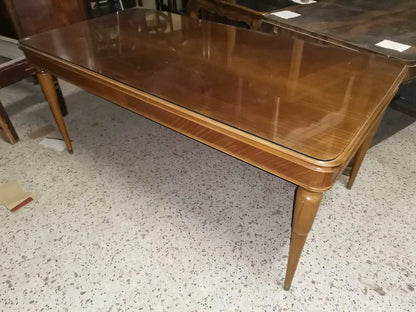 tavolo sala studio con gambe tornite a due dimensioni e piano in vetro 1950