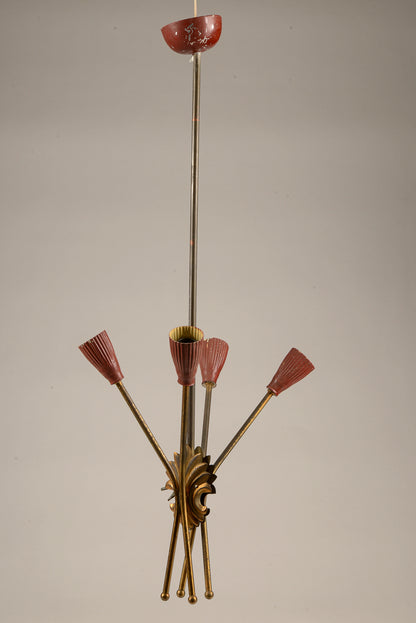 Lampadario  in metallo verniciato rosso e oro, Italia 1960