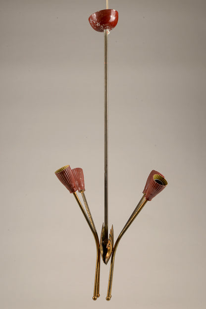 Lampadario  in metallo verniciato rosso e oro, Italia 1960