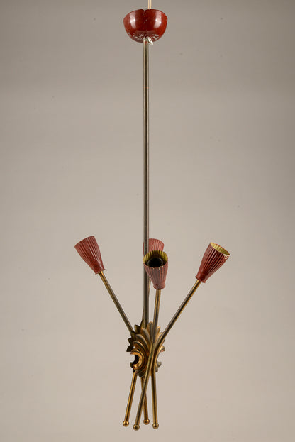 Lampadario  in metallo verniciato rosso e oro, Italia 1960