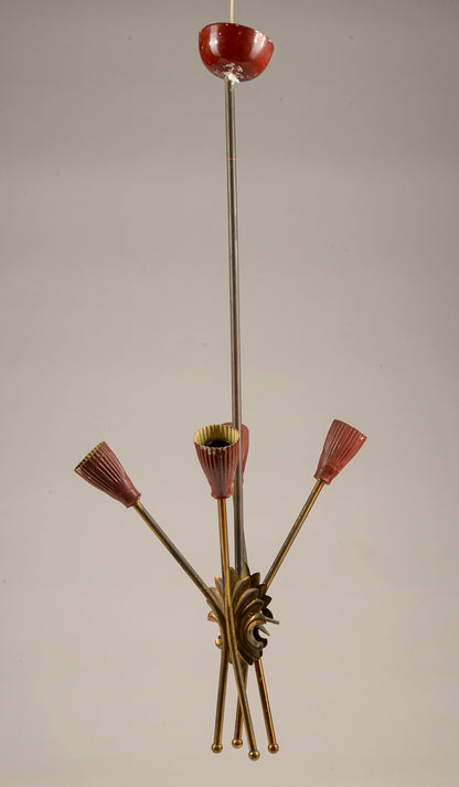 Lampadario  in metallo verniciato rosso e oro, Italia 1960