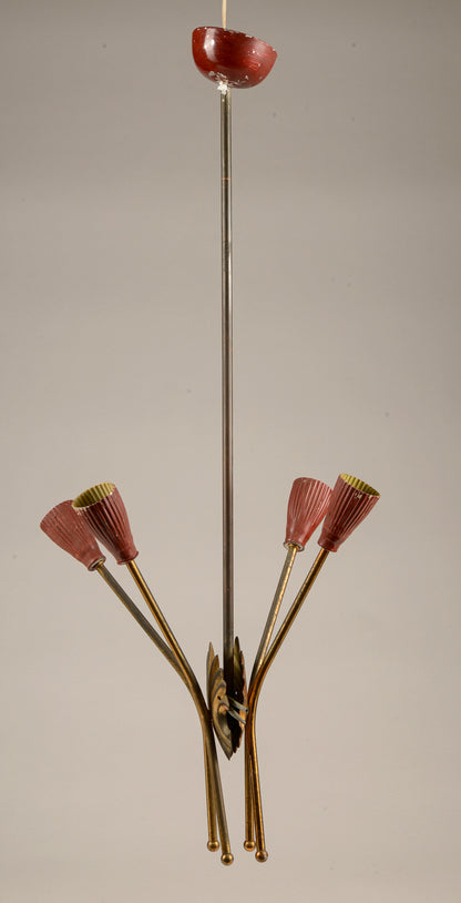 Lampadario  in metallo verniciato rosso e oro, Italia 1960