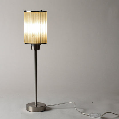 Lampada da tavolo con base in metallo spazzolato e cappa originale art deco in cannucce di vetro