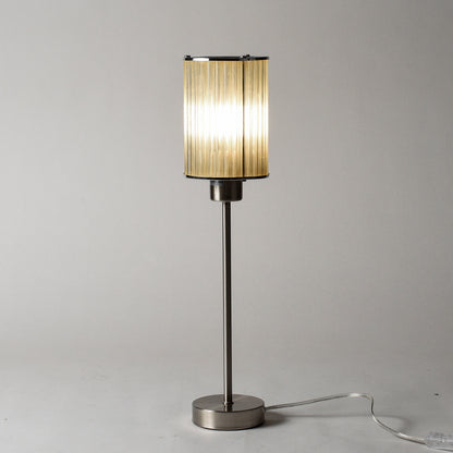 Lampada da tavolo con base in metallo spazzolato e cappa originale art deco in cannucce di vetro
