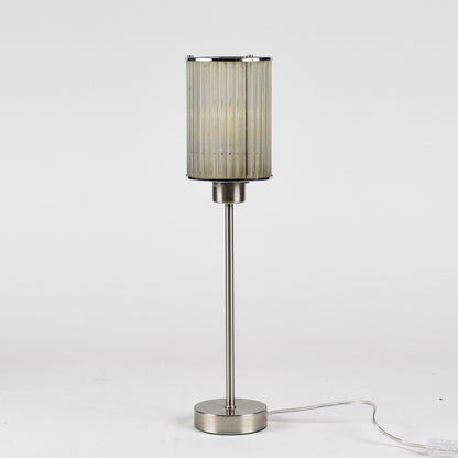 Lampada da tavolo con base in metallo spazzolato e cappa originale art deco in cannucce di vetro