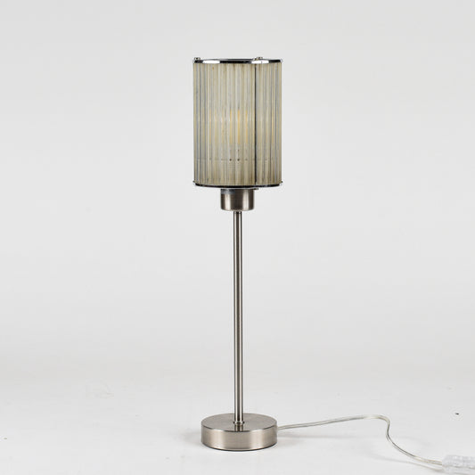 Lampada da tavolo con base in metallo spazzolato e cappa originale art deco in cannucce di vetro