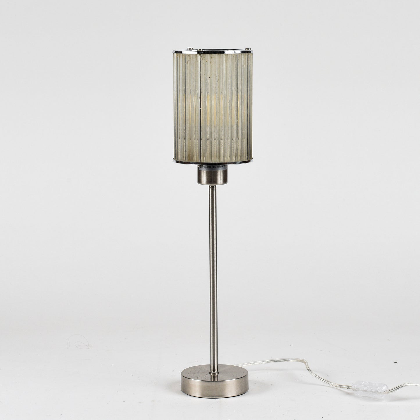 Lampada da tavolo con base in metallo spazzolato e cappa originale art deco in cannucce di vetro