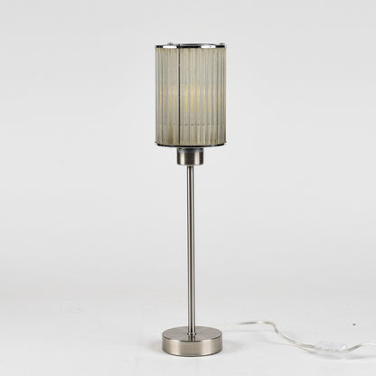 Lampada da tavolo con base in metallo spazzolato e cappa originale art deco in cannucce di vetro