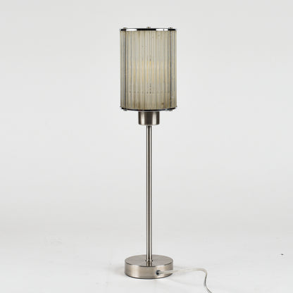 Lampada da tavolo con base in metallo spazzolato e cappa originale art deco in cannucce di vetro