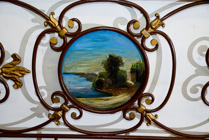 Letto in ferro battuto singolo con decori dorati e struttura verniciata marrone formelle scene campestri
