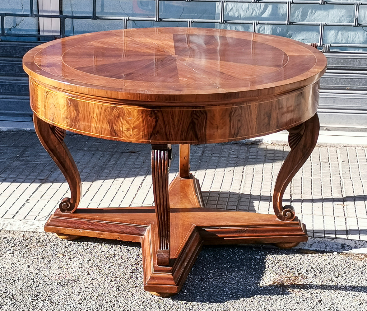 Tavolo rotondo da pranzo sala salotto ingresso di gusto Impero placcato in noce Italia 1870