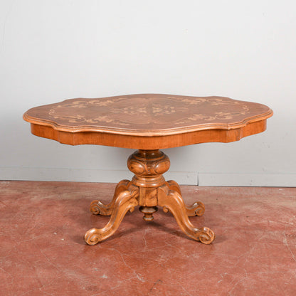 Tavolo a biscotto basso da salotto intarsiato vintage