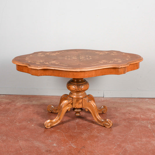 Tavolo a biscotto basso da salotto intarsiato vintage