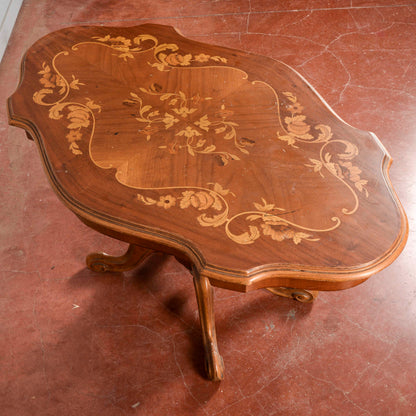 Tavolo a biscotto basso da salotto intarsiato vintage